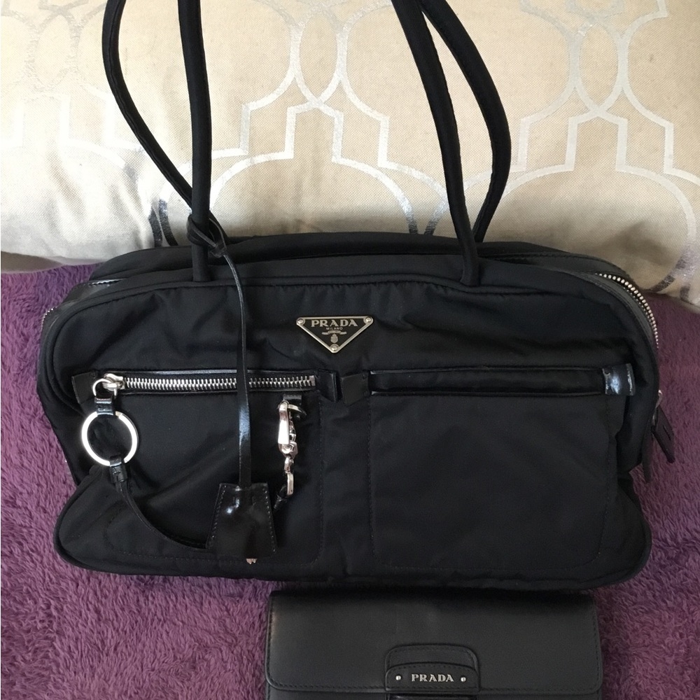 Authe Vintage Prada Italy Shoulder Bag & Vintage Black Leather Prada Wallet Set
